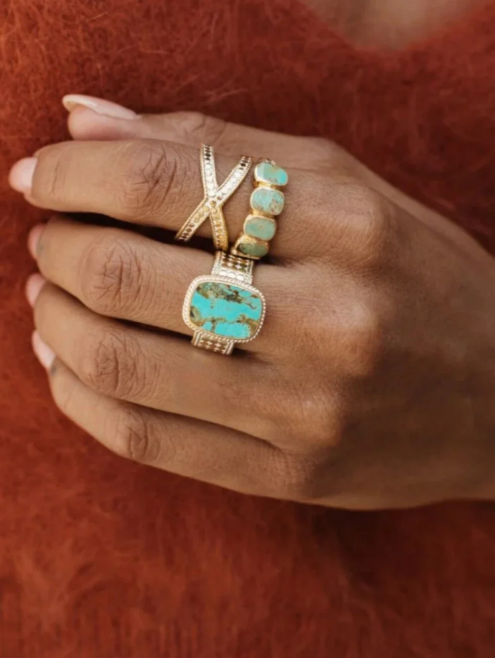 Anna Beck Turquoise Multi-Cushion Ring 18K Gold Plated - Picture 4 of 7